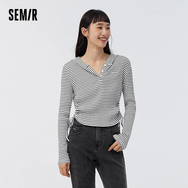 

Semir 2023 Women T-shirt Spring New Short Drawstring Hooded Striped Shirt All-match Long-sleeved T-shirt for Women