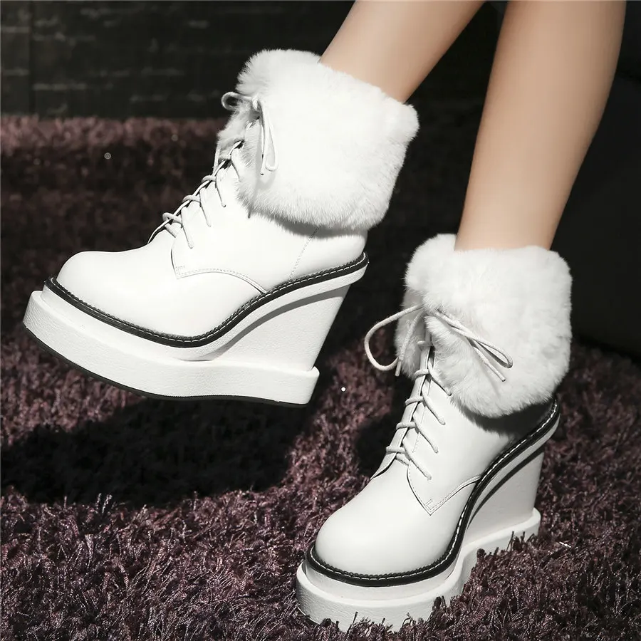 Warm Fur Pumps Women Lace Up Genuine Leather Super High Heels Snow Boots Female High Top Round Toe Fashion Sneakers Casual Shoes