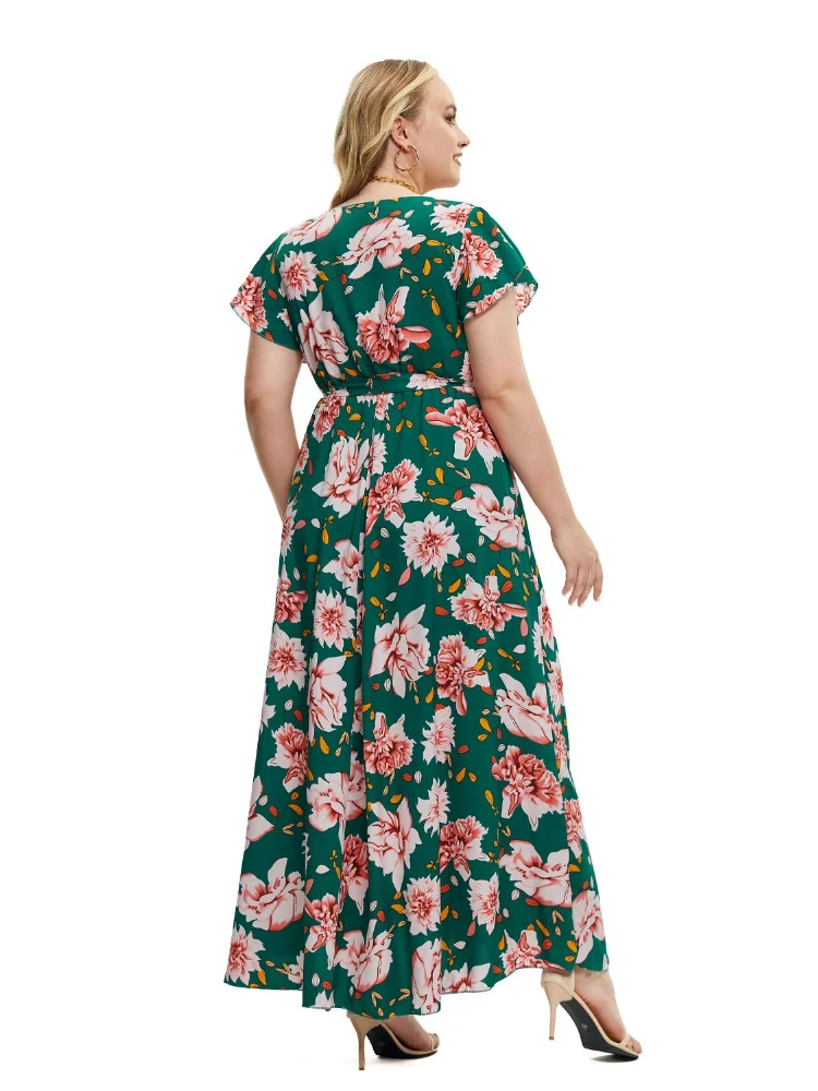 Large size women's summer new short sleeve print split dress plus size women clothing  evening dresses