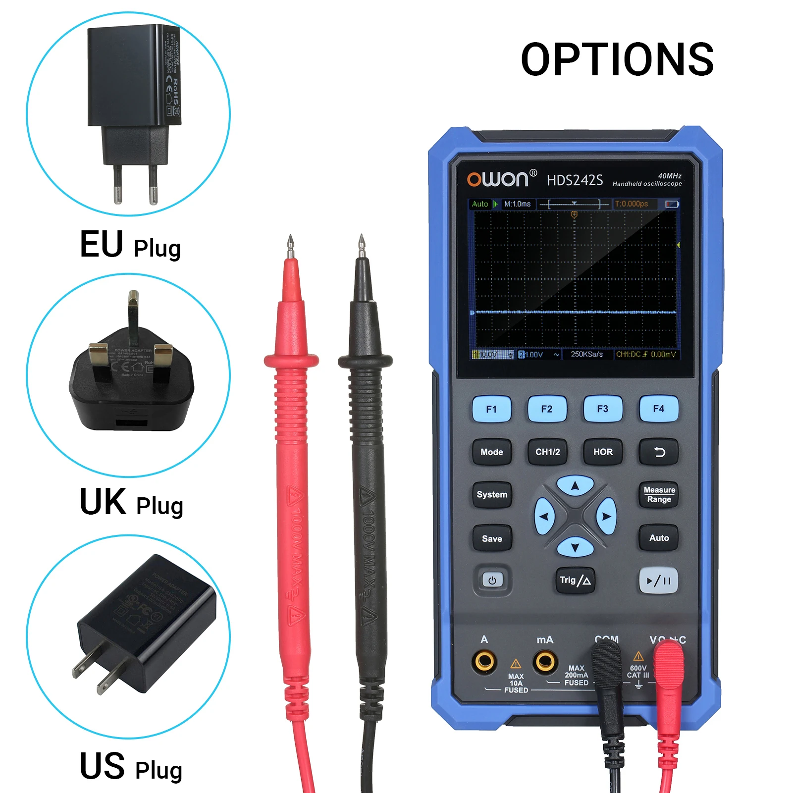 

OWON HDS272S 3-in-1 Oscilloscope Multimeter Waveform Generator 2CH 70MHz Bandwidth 20000 Counts Handheld Digital Scope Meter