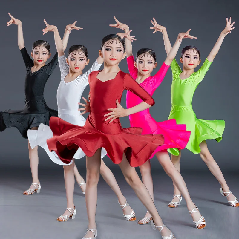 

2022 Latin Dance Dress Girls Ballroom Skirt Dress Girls Performance Satin Long Sleeve Dance Skirt Costume Competition Dancewear