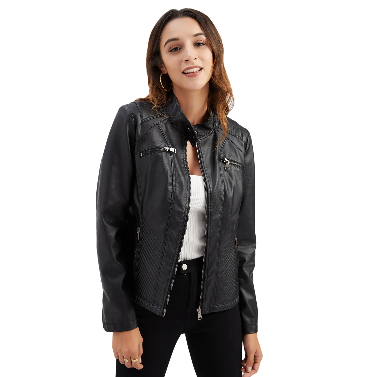 2022 Women Bike Coat PU Leather Outwear Zipper Outfit Spring Autumn WomeFashion Black Red Stand Collar Slim Fit Female Jacket