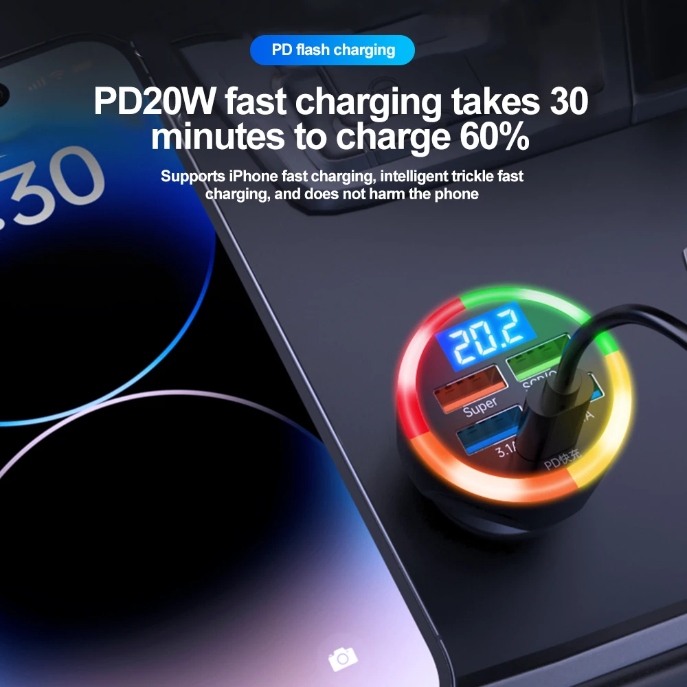 200 Вт 6-портовое автомобильное зарядное устройство для быстрой зарядки PD QC3.0 USB C