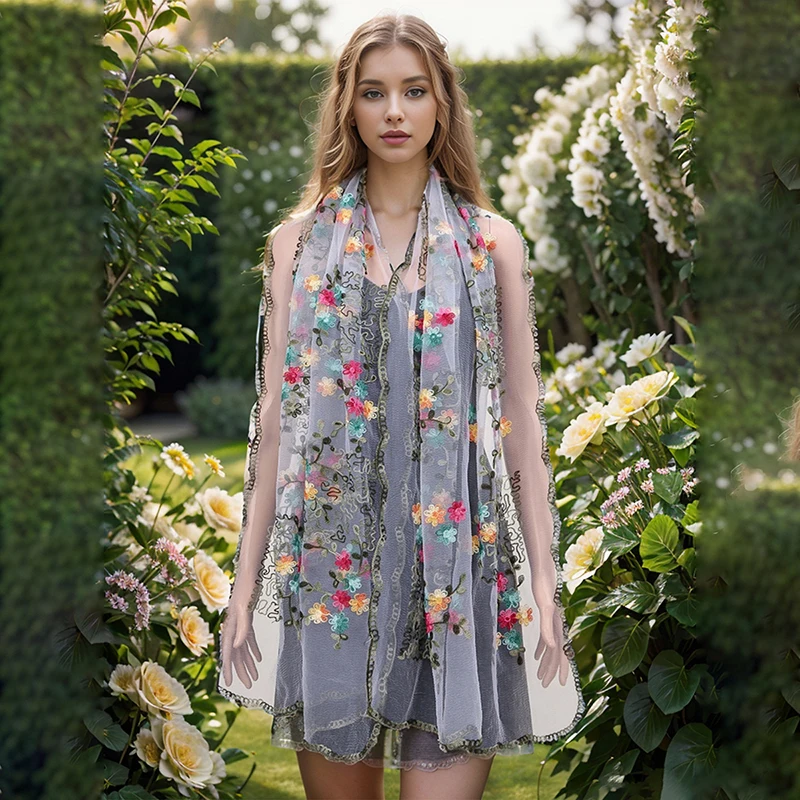 Новый шарф из органзы с цветочной вышивкой шали женские Мягкие Длинные палантины