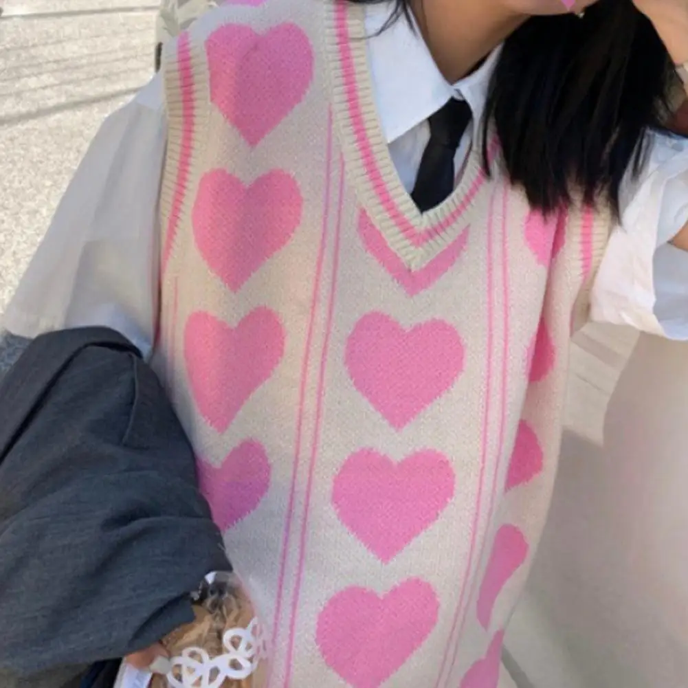 

Korean Vintage Sweater Loose V-neck Knit Pullover Vest Oversized Top Fashion Sweaters Print Fall Cardigan Love C4d6