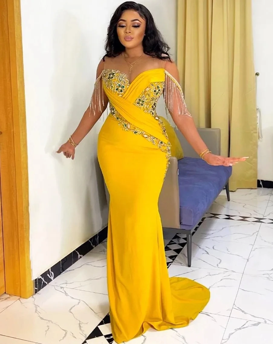 

Yellow Aso Ebi African Evening Dresses Mermaid Sheer Appliques Crystals Long Dubai Saudi Arabic Black Girls Evening Gown Prom