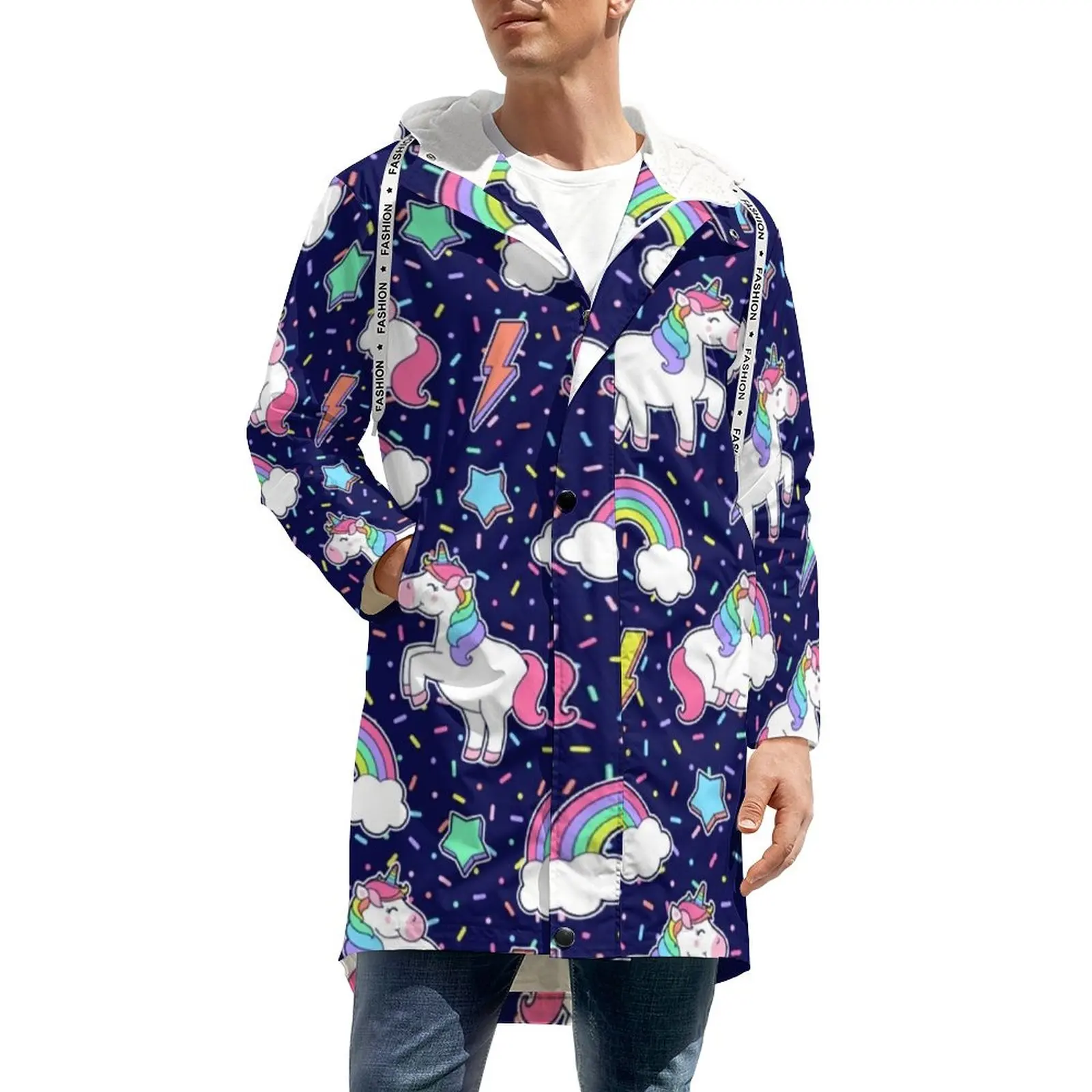 

Cute Unicorn Windbreakers Rainbow Star Long Straight Thick Warm Trench Coats Custom Winter Jackets Casual Waterproof Plus Size