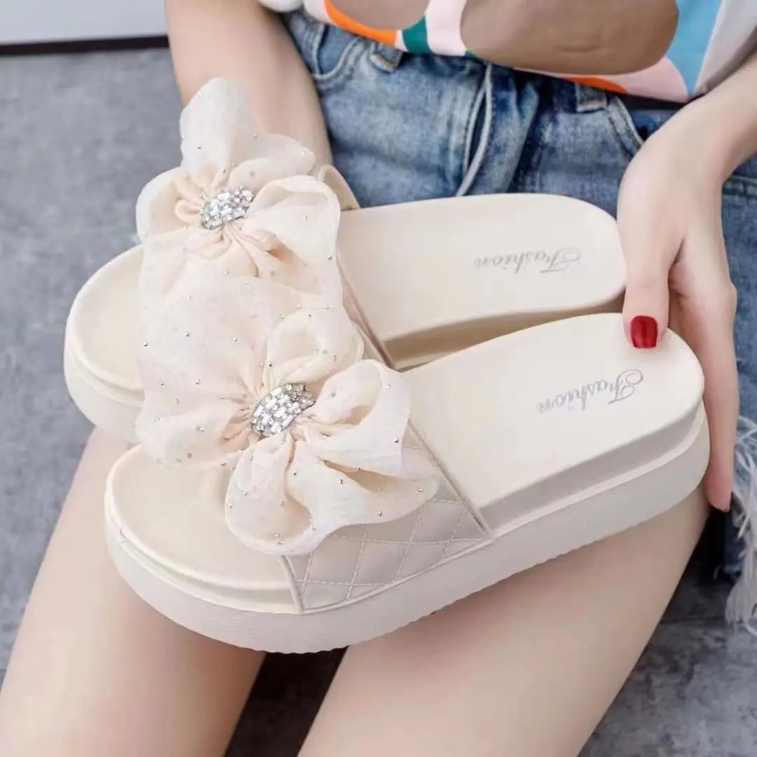 2023 Summer Slippers Bow Fashion Open Toe Solid Color Women's Sandals Metal Chain Outdoor Casual Women's Shoes  Fashion Shoes