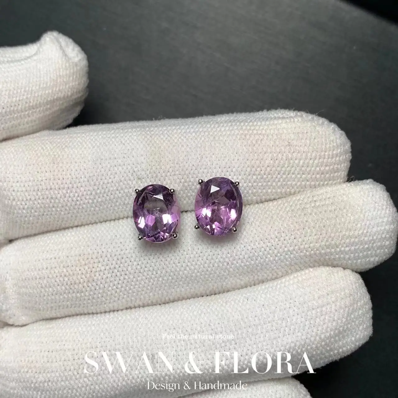 Серьги-гвоздики с натуральным аметистом 9-10 мм для женщин настоящее серебро 925