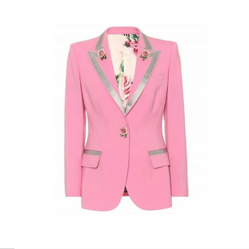 

2022 Spring And Autumn New Fashion Three-dimensional Rose Button Print Lining Pink Long-sleeved Suit Collar Women's Jacket Blaze