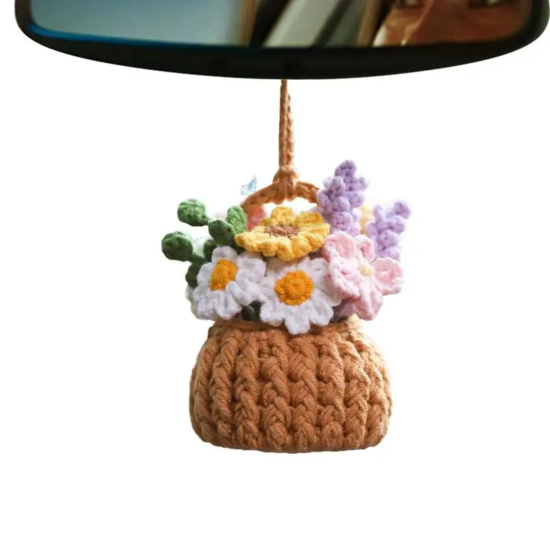 

Crochet Flower Basket For Car Hand Woven Plant Basket Car Mirror Decor Crochet Knitting View Mirror Charm Car Interior Aesthetic