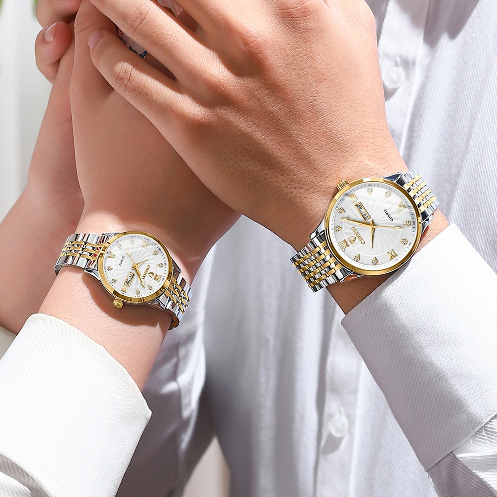 New Couple Watch CHENXI Stainless Steel Watch For Men Business Waterproof Watches Women With Week Calendar His Hers Watch Sets