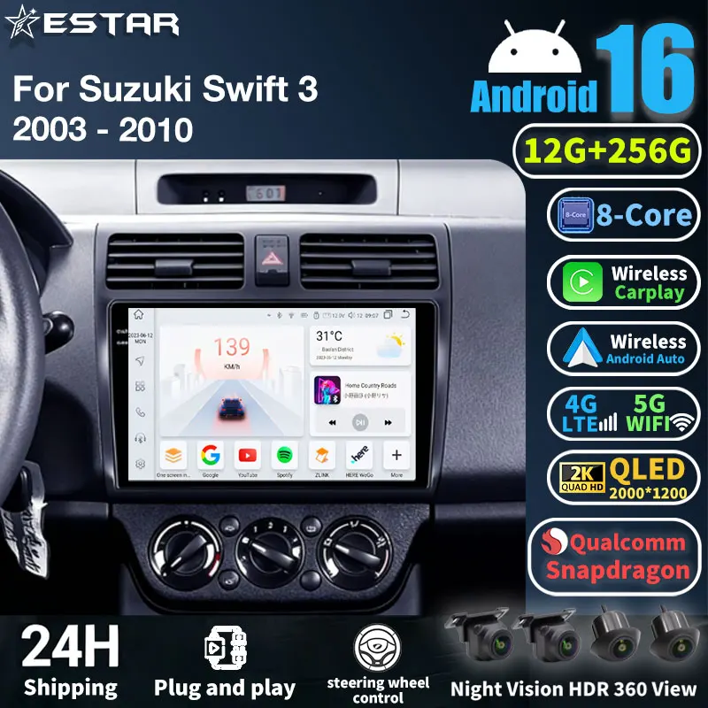 Фото Автомагнитола Android 16 для Suzuki Swift 3 2003-2010 с GPS, мультимедийный плеер, навигационная система, беспроводной Carplay, Auto DSP, камера 360, Bluetooth №1