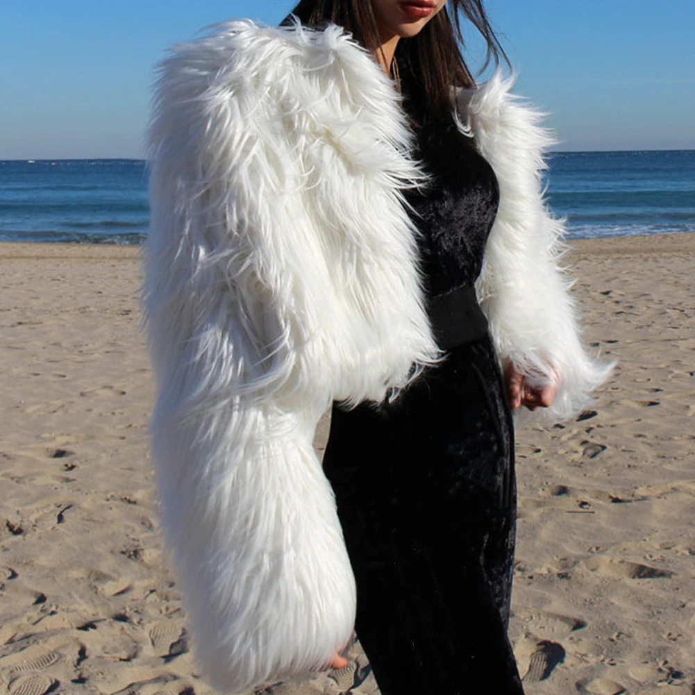 

Women korea Fashion Fur Coat Loose White Gray Plush Coat Female Faux Fur Jacket Autumn Winter Shaggy Outerwear