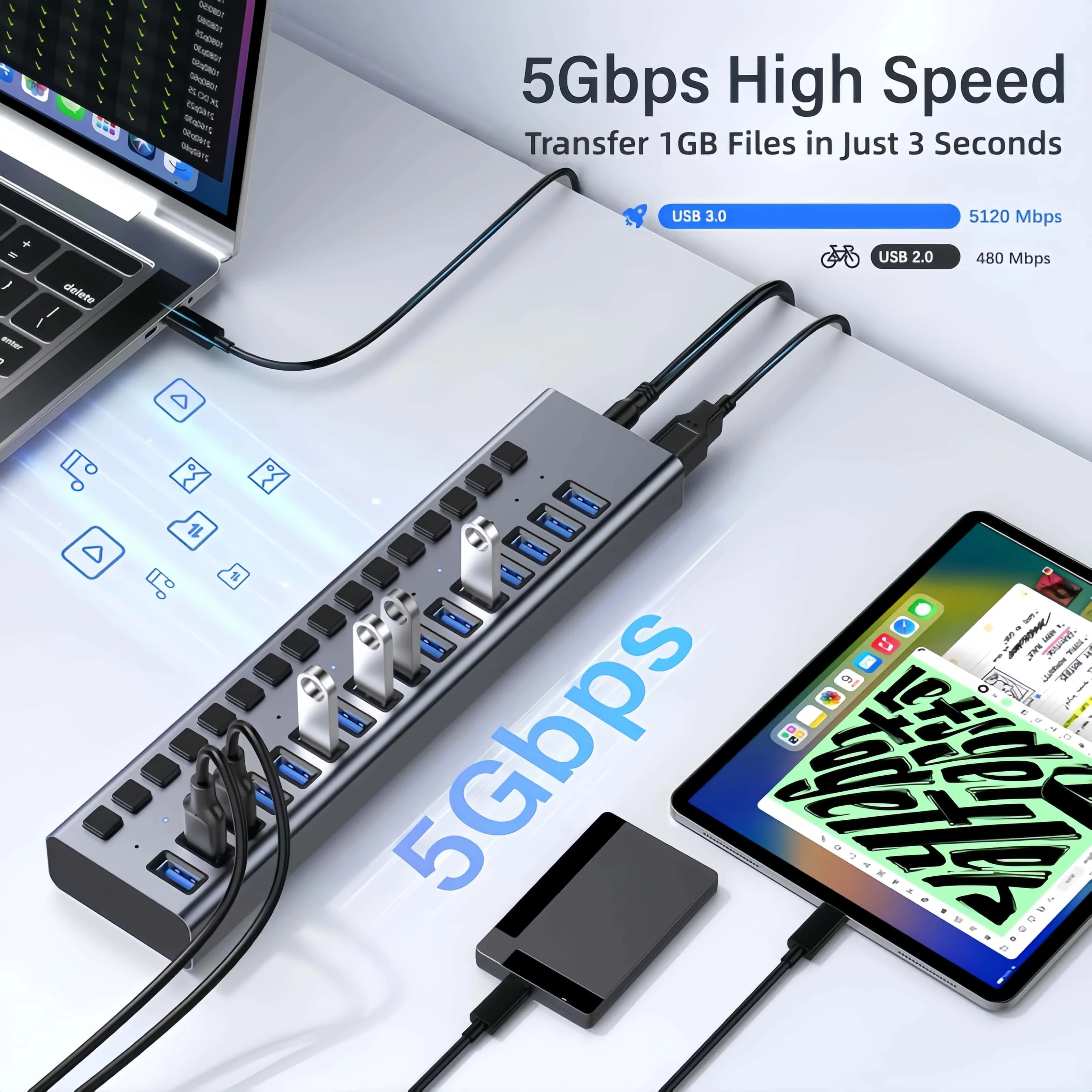 Фото USB-хаб MZX 3.0 с 16/10/7 портами, многопортовый, 5 Гбит/с, с выключателем, разветвителем, адаптером, концентратором, док-станцией, удлинителем №3