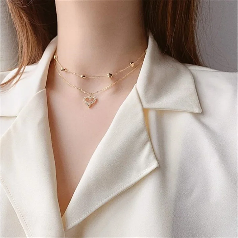 

Trendy Heart Pendant Necklaces For Women Girls Elegant Double Layer Heart Chains Choker Necklace Fashion Jewelry Gifts