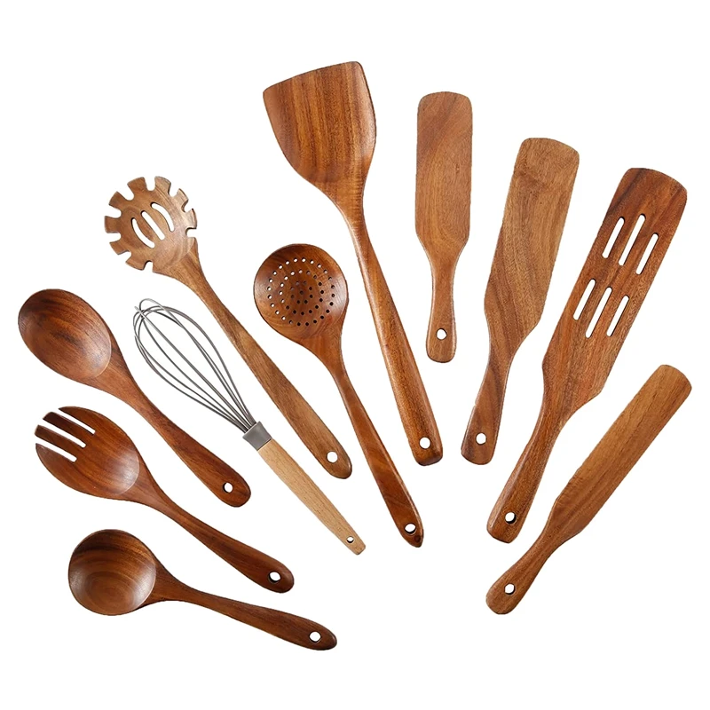 

Wooden Spoons For Cooking,11Pcs Kitchen Utensil Set, Wood Spatula Spurtles Salad Fork Spoons For Non-Stick Cookware