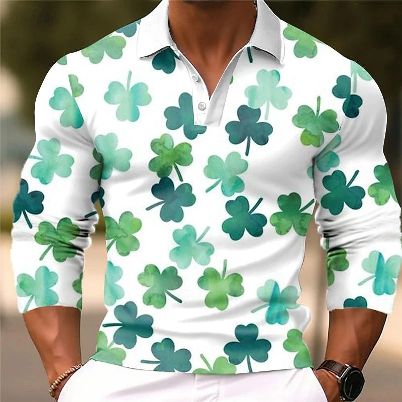 Простая рубашка-поло с узором четырехлистного клевера модная осенняя футболка