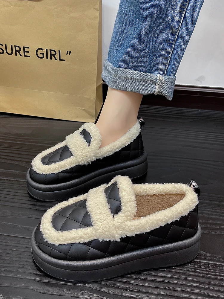 

Loafers Fur Casual Woman Shoe Shallow Mouth Round Toe Clogs Platform Winter Creepers New Moccasin Leisure Fabric Flock Slip-On B