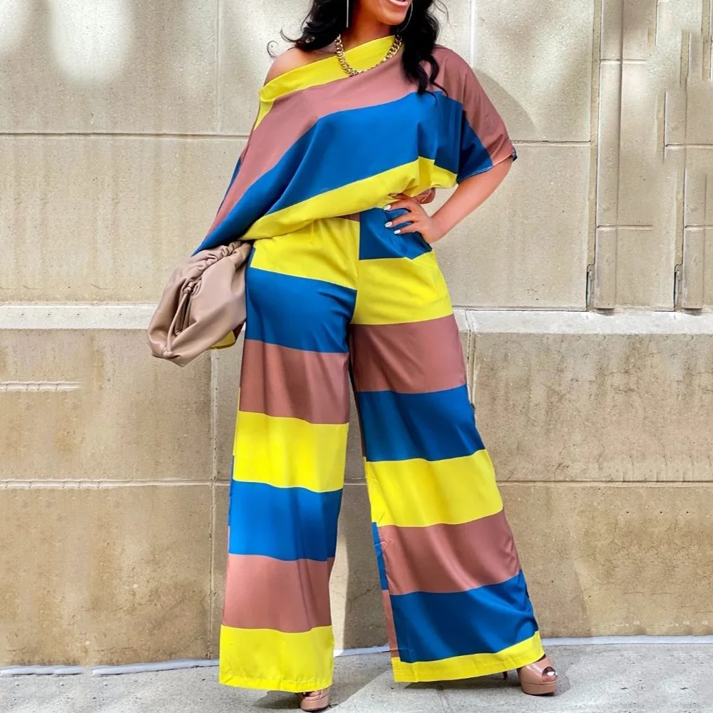 

African Women's Casual Loose Pants Set Summer Short Sleeve Oversized Striped Printed Pullover 2 Two Piece Sets Tracksuits 2022