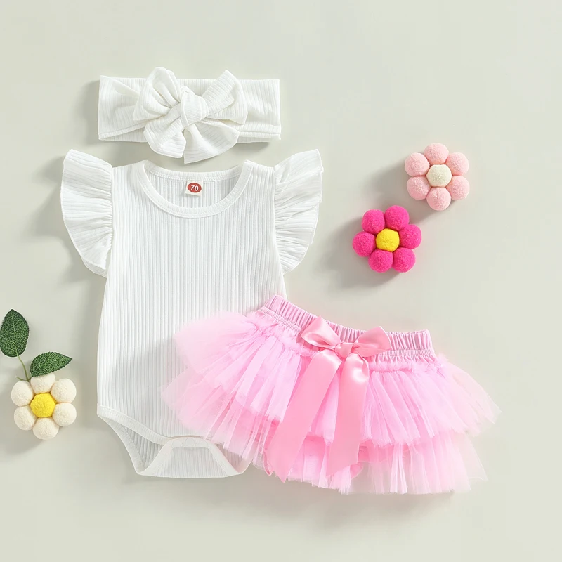 

2023-03-09 Lioraitiin 0-18M Newborn Baby Girls 3Pcs Summer Outfits Fly Sleeve Ribbed Bodysuit Pink Tutu Shorts Headband Set