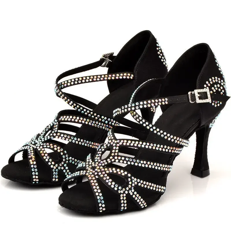 Туфли для латинских танцев с черными бриллиантами женские сандалии на высоком