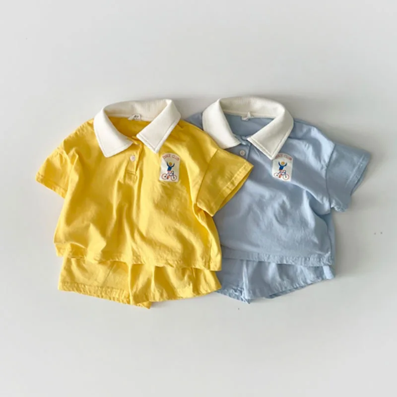 2023 New Summer Children Lapel T Shirt + Shorts 2pcs Suit Baby Short Sleeve Clothes Set Cute Bear Print Toddler Cotton Outfits