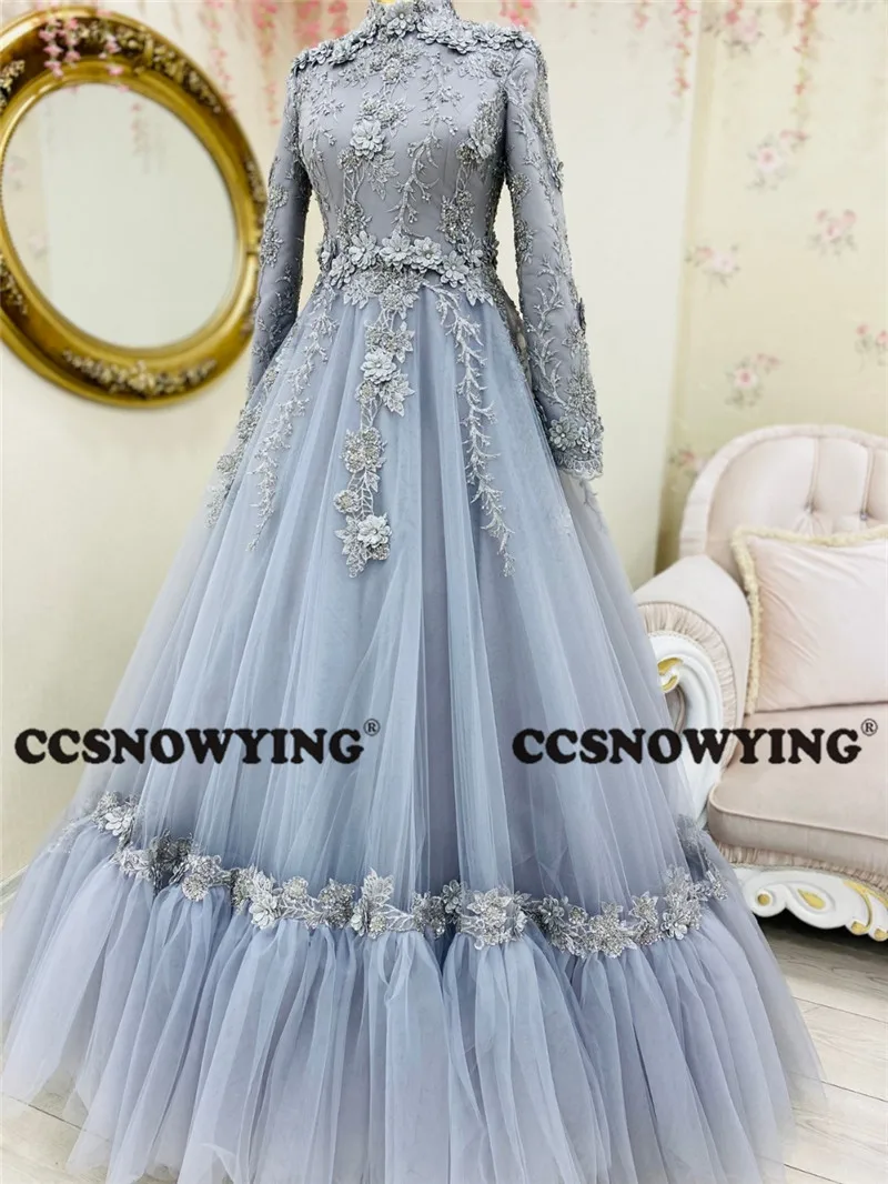 

Luxury Appliques Long Sleeve Muslim Evening Dresses Islamic Formal Party Gown Women Arabic Kafatn Hijab Robe De Soiree