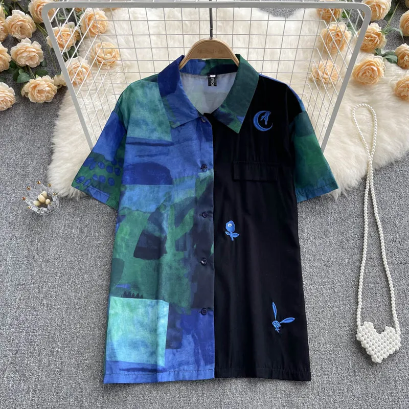 

Printed stitching shirt trend loose top casual thin shirt summer blusas mujer de moda 2022