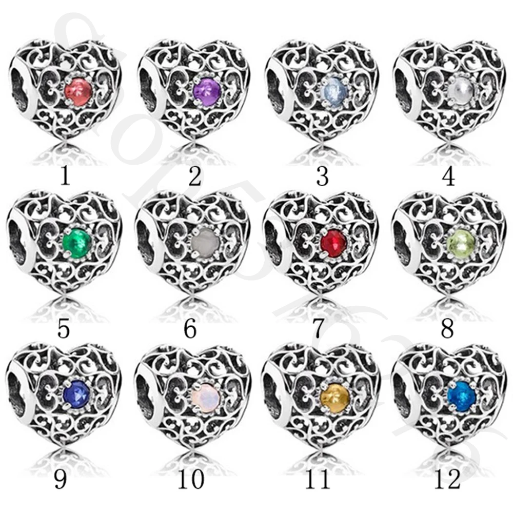 

Authentic 925 Sterling Silver Bead Signature Heart Birthstone Charm Fit Pandora Women Bracelet Bangle Gift DIY Jewelry