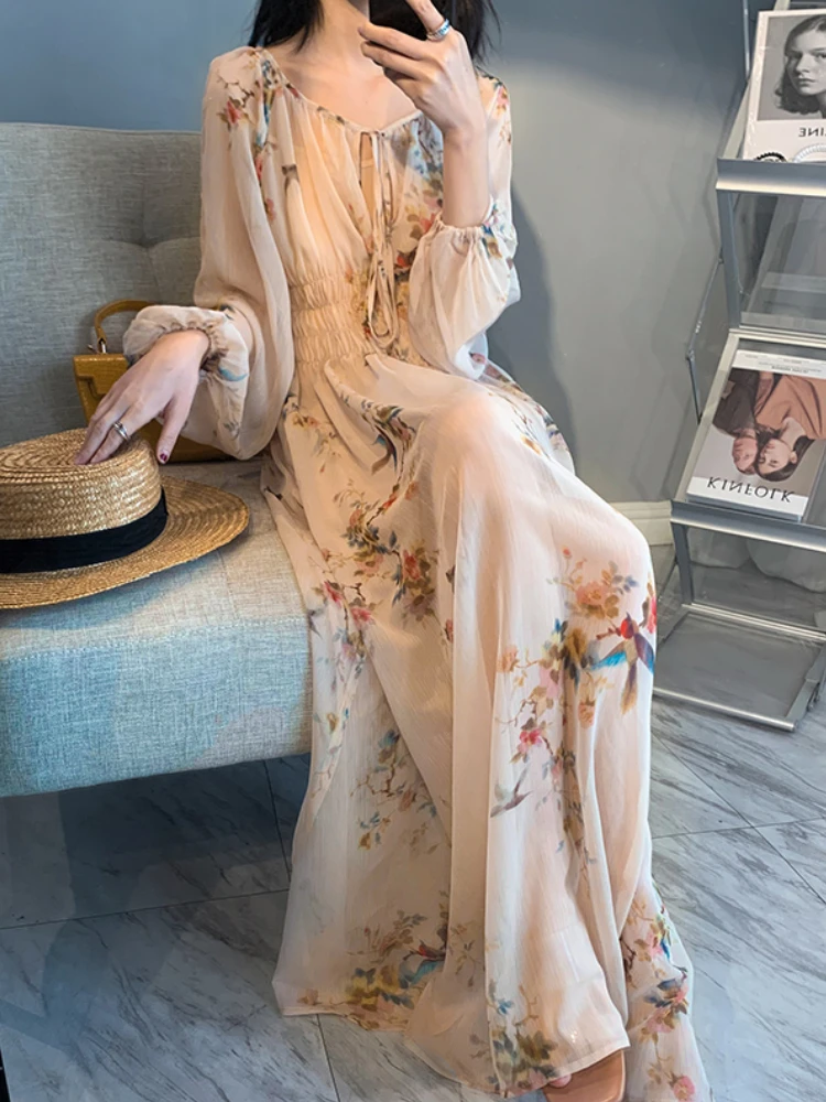 

Vintage Floral Printed Pleated Waist Long Sleeve Beach Party Maxi Dress Female Ethnic Chiffon Dresses for Women Summer 2022 New