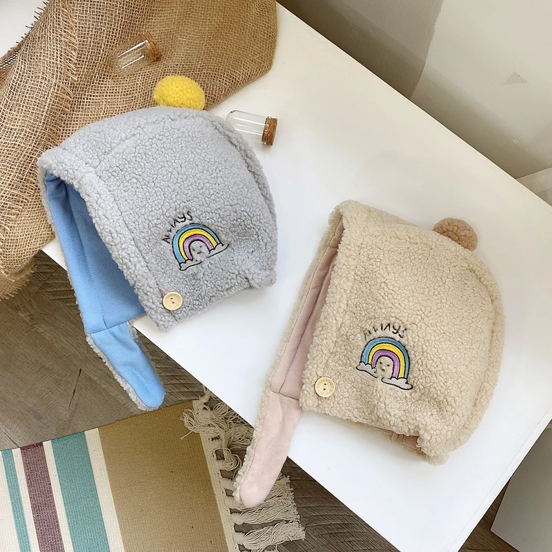 

Winter Children's Hat Boys and Girls Lamb Wool Embroidery Pattern Warm Cute Solid Color Ear Protection Cap Helmet Fluffy Wrap