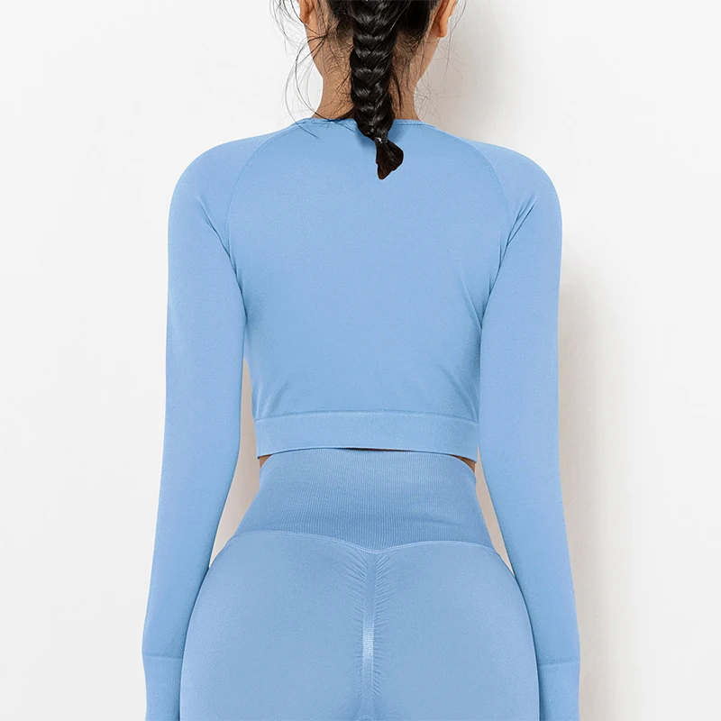 Women Fitness Seamless Yoga Tops O Neck Long Sleeve Skinny Shirts Breathable Running Athletic Sport Gym Shirts Female