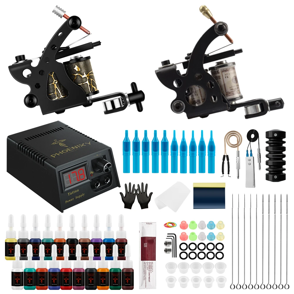 

Complete Tattoo Kit 2 Tattoo Machines With Power Supply Tattoo Aftercare Cream Accessories Supplie Black Tattoo Pigment Body Art