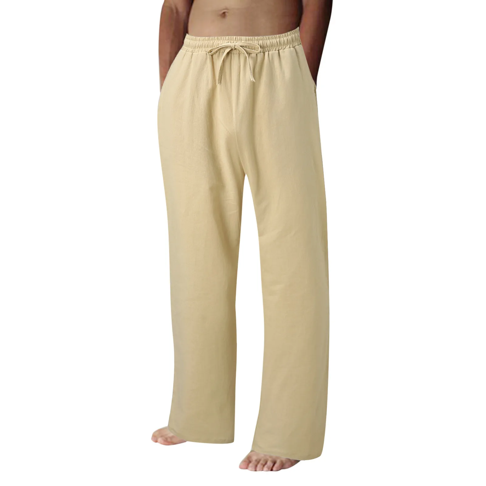 

Men Pants Cotton Linen Wide Leg Straight Trousers Solid Color High Waist Pockets Trousers Harajuku Loose Drawstring Beach Pants