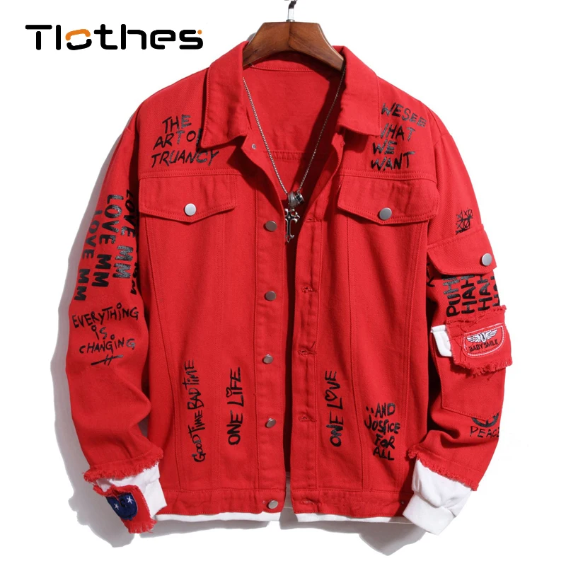 

Red Denim Jacket Men's Clothing Letter Print Denim Shirt Men Cowboy Long Sleeve Jeans Shirts Jeans Jacket Streetwear Denim Coat
