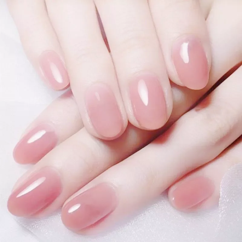 

Candy Pink Color False Nails Women Nature Nude Jelly Fake Nail Short Round Head Full Cover Nail Art Tips With Glue 24pcs