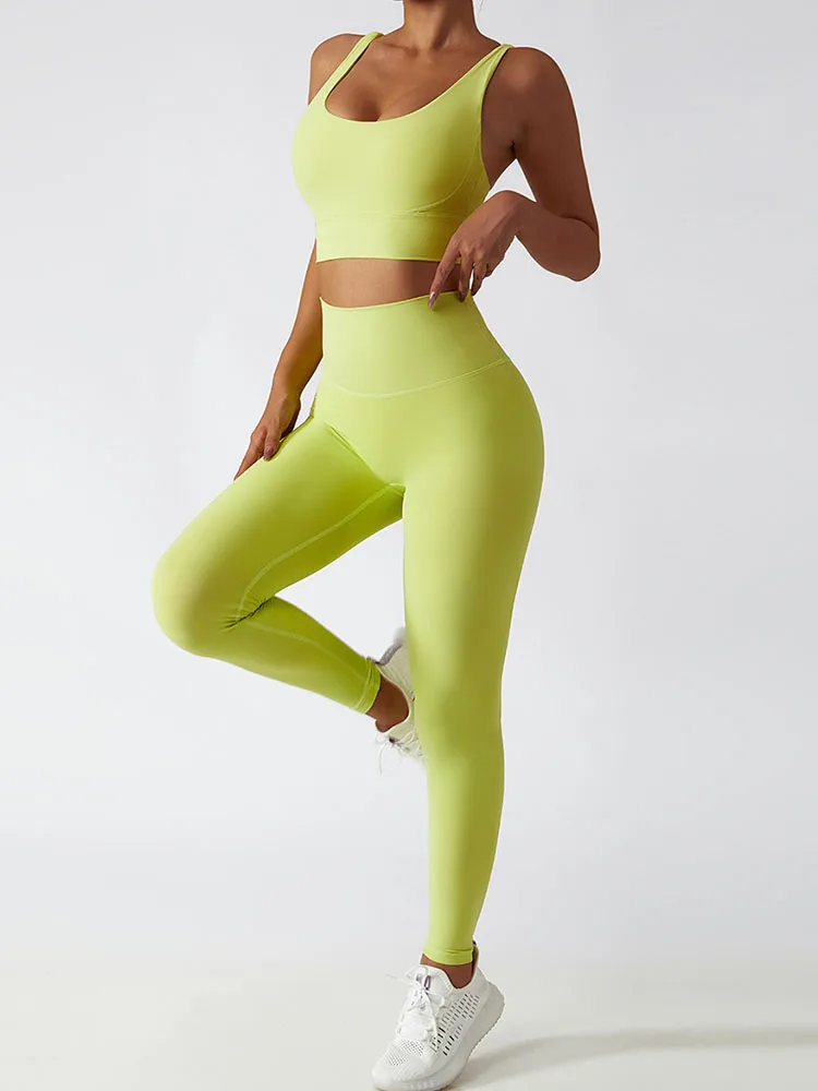 

CHRLEISURE 2PCS Yoga Suit Naked Feeling Fitness Outfit Sexy Beautiful Back Sports Bra Stretchy Butt Lift Pockets Workout Pants