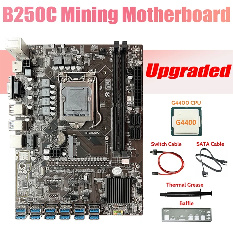 

B250C ETH Miner Motherboard+G4400 CPU+Baffle+SATA Cable+Switch Cable+Thermal Grease 12USB3.0 GPU Slot LGA1151 For BTC