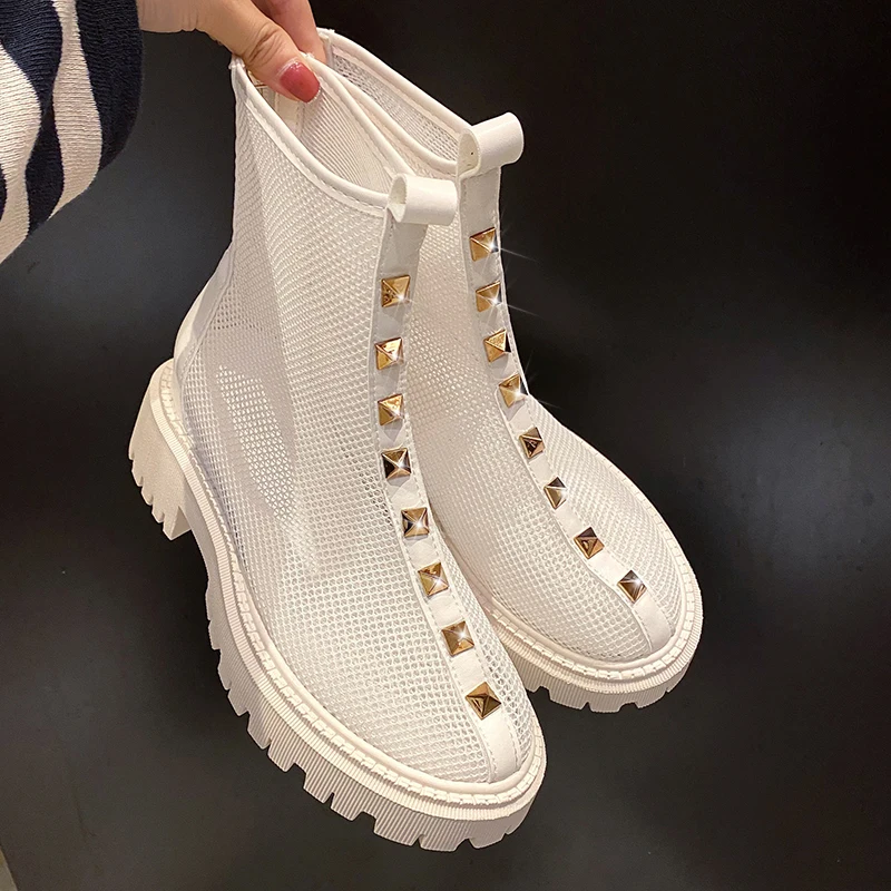

Mesh Breathable Ladies Platform Ankle Boots 2022 Fashion Rivet Ladies Zipper Ankle Boots Designer Women's Boots Botas De Mujer