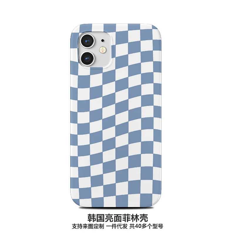 

Blue Checkerboard Simple Glossy Case for IPhone 13 12 11 Pro Max 8 7 Plus X XR XS MAX Case Half Pack All Inclusive Phone Cover