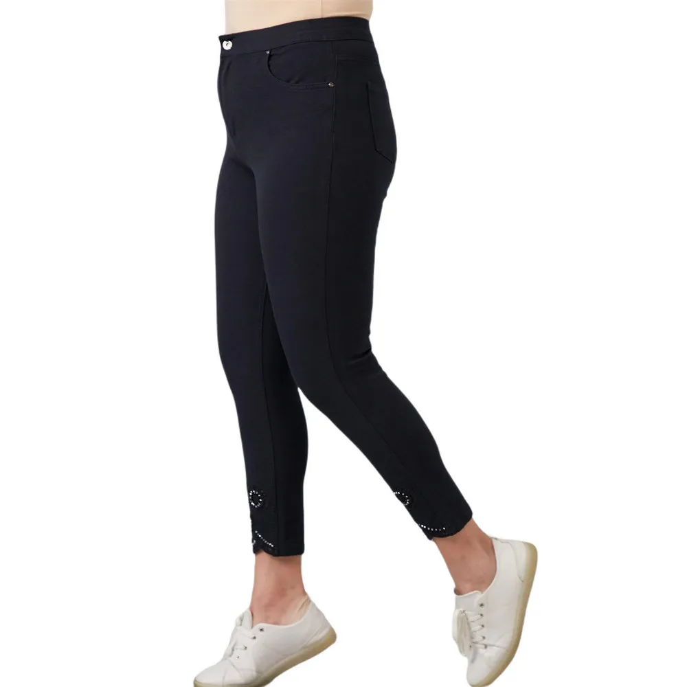 Fierte Women Plus Size Pants Rg1519 Canvas High Waist Tight Trotting Diamond Detail Sports Pocket Spring Summer Casual