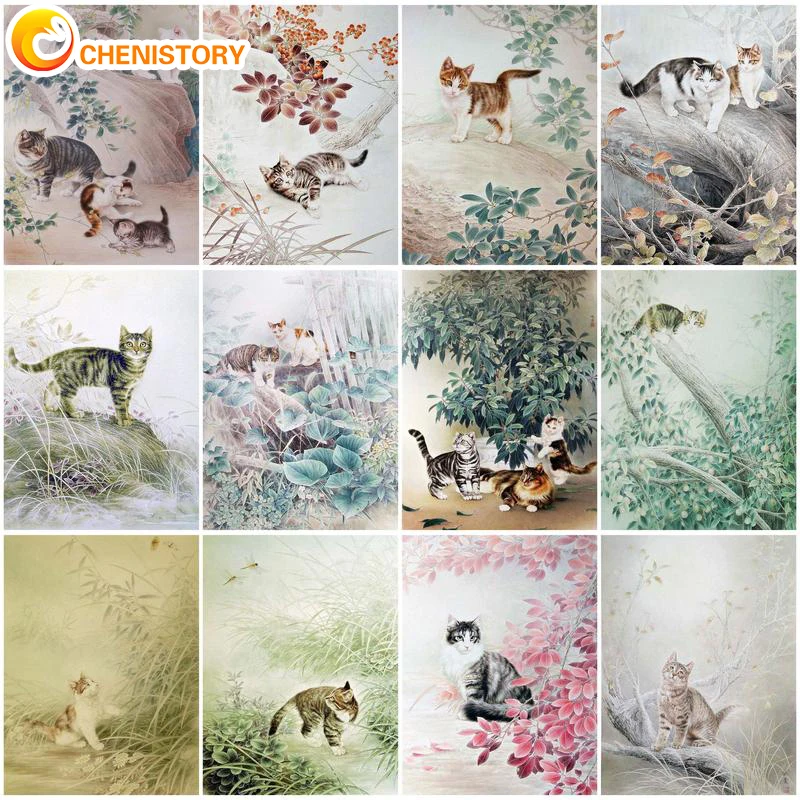 

CHENISTORY Oil Painting By Numbers Cat Animal Drawing On Canvas DIY Pictures By Number Flower Kits Handpainted Home Decor Gift