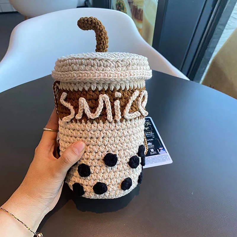 

Hand Knitted Cross Body Bag Woman Pearl Milk Tea Crossbody Bags for Women Wool Crochet Material Messenger Mobile Phone Bag