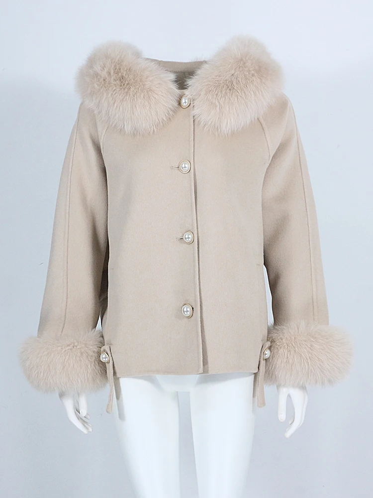 

OFTBUY 2023 Winter Autumn Jacket Women Real Fox Fur Coat Hooded Cuff Casual Outerwear Woolen Coat Wool Blends Overcoat New