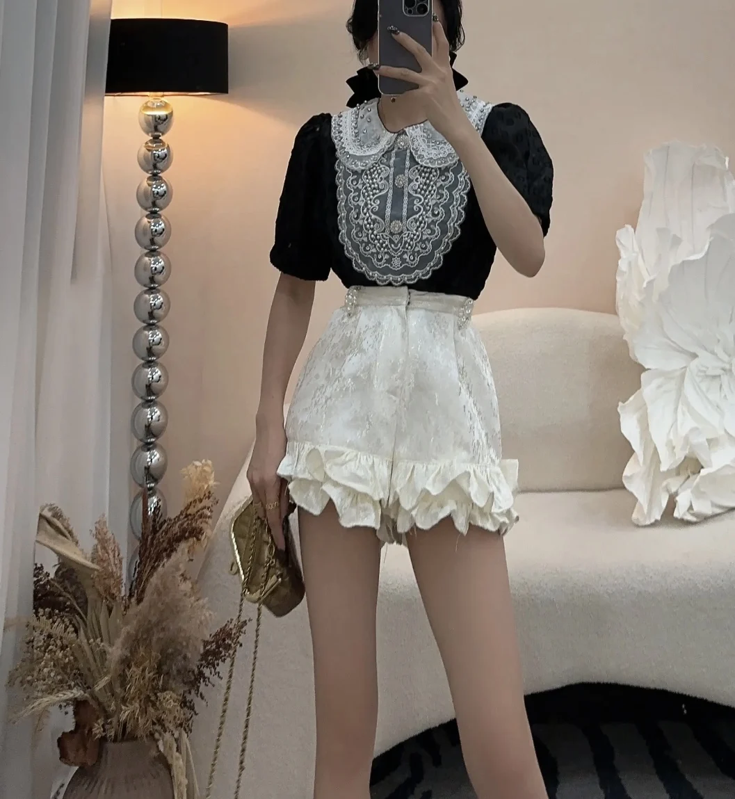 Japanese Elegant Wooden Ear Beaded Wide Leg Shorts 2023 Summer New High Waist Loose Slimming Fashion Black Shorts Girl Hot Pants