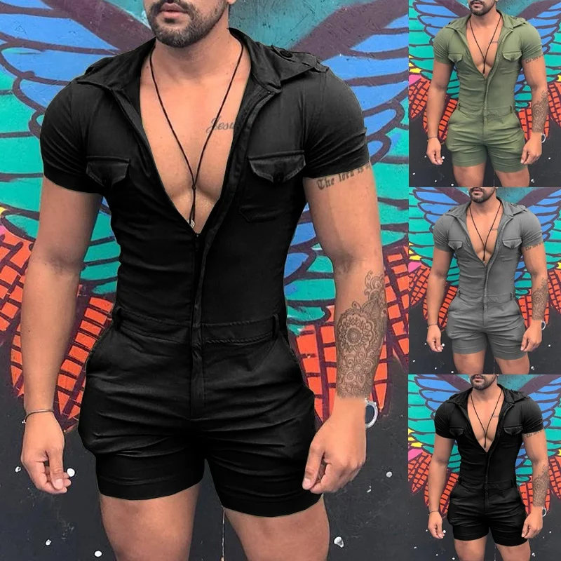 Mens Summer Jumpsuits Slim Fit Zipper Short Sleeve One Piece Comfy Shorts with Pockets