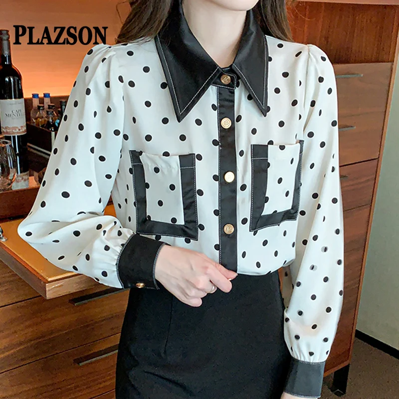 

PLAZSON Elegant Polka Dot Shirt Women's Autumn Clothing Long Sleeve Lapel Pocket Female Blouses Tops OL camisas de mujer blusas