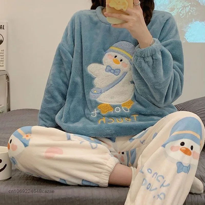 Sanrio Cinnamoroll New Home Clothes Y2k Fluffy Pajamas Tops Pants 2 Piece Set Women Plush Sleepwear Suit Female Matching Oufits