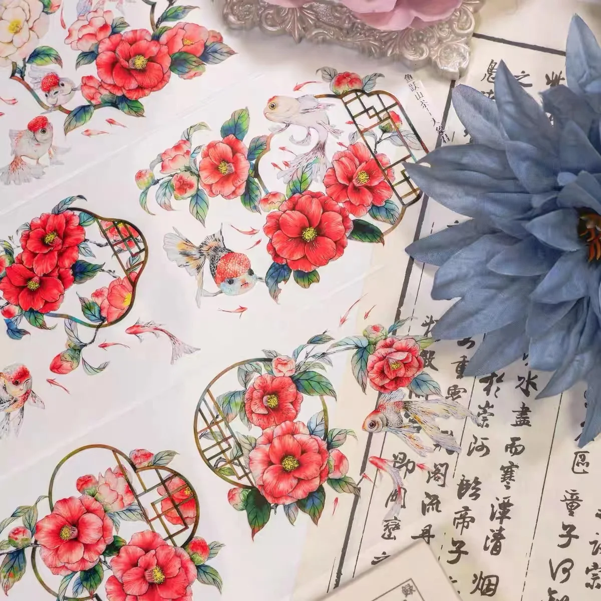 

Vintage Red Camellia Goldfish Washi PET Tape for Card Making DIY Scrapbooking Plan Decorative Sticker